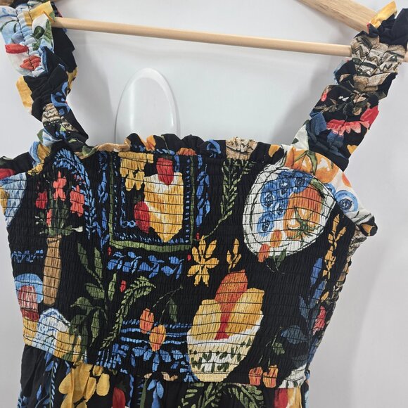 August Sky Black Fruit Breakfast Square Neck Ruched Midi Dress Small NWOT - Picture 4 of 12